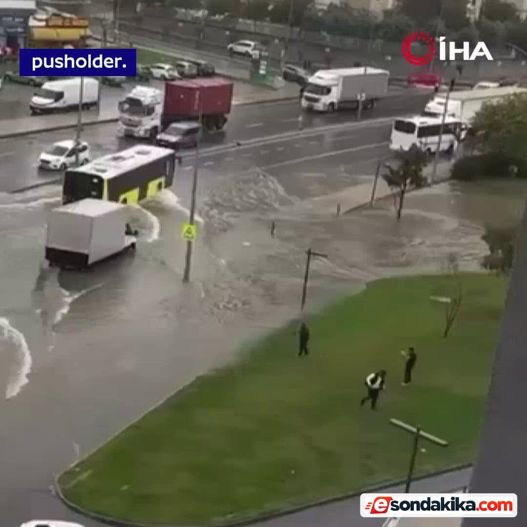 Resident casts a fishing line onto a flooded road in Istanbul